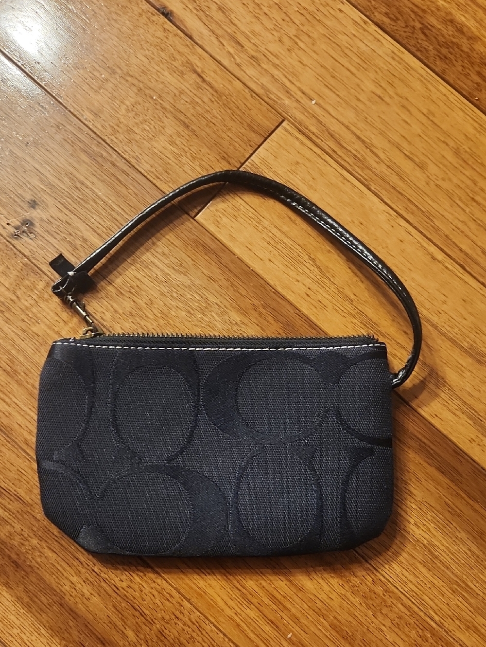 Black Signature Print Wristlet Pouch Zip Top Small Handbag